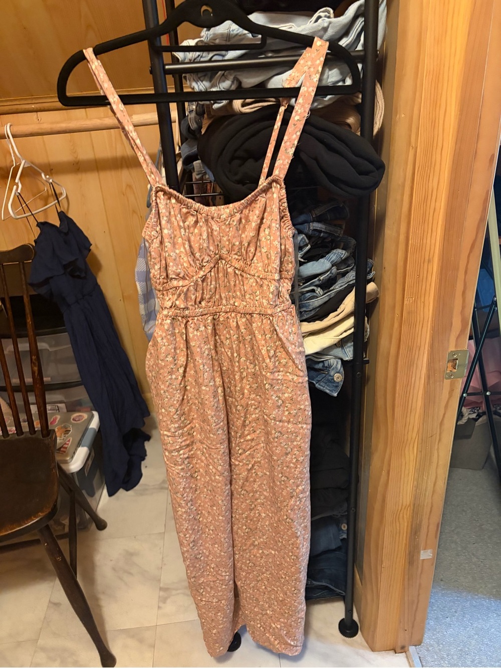 Arizona Jean Company Peach Floral Spaghetti-Strap Jumpsuit